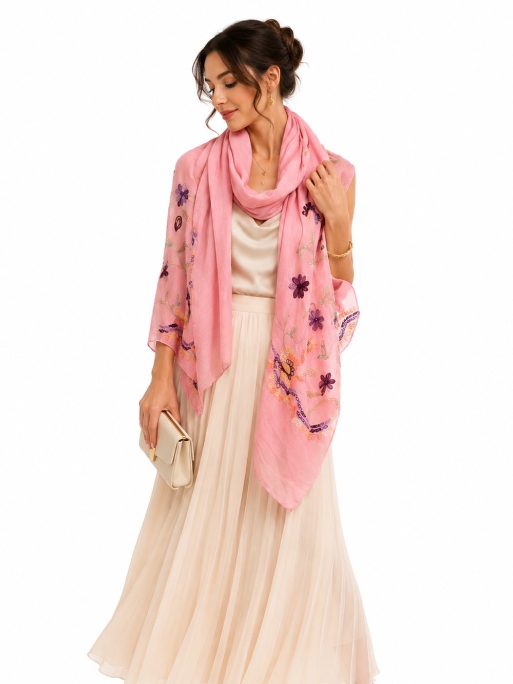 Jasmine Floral Embroidered Coral Wrap